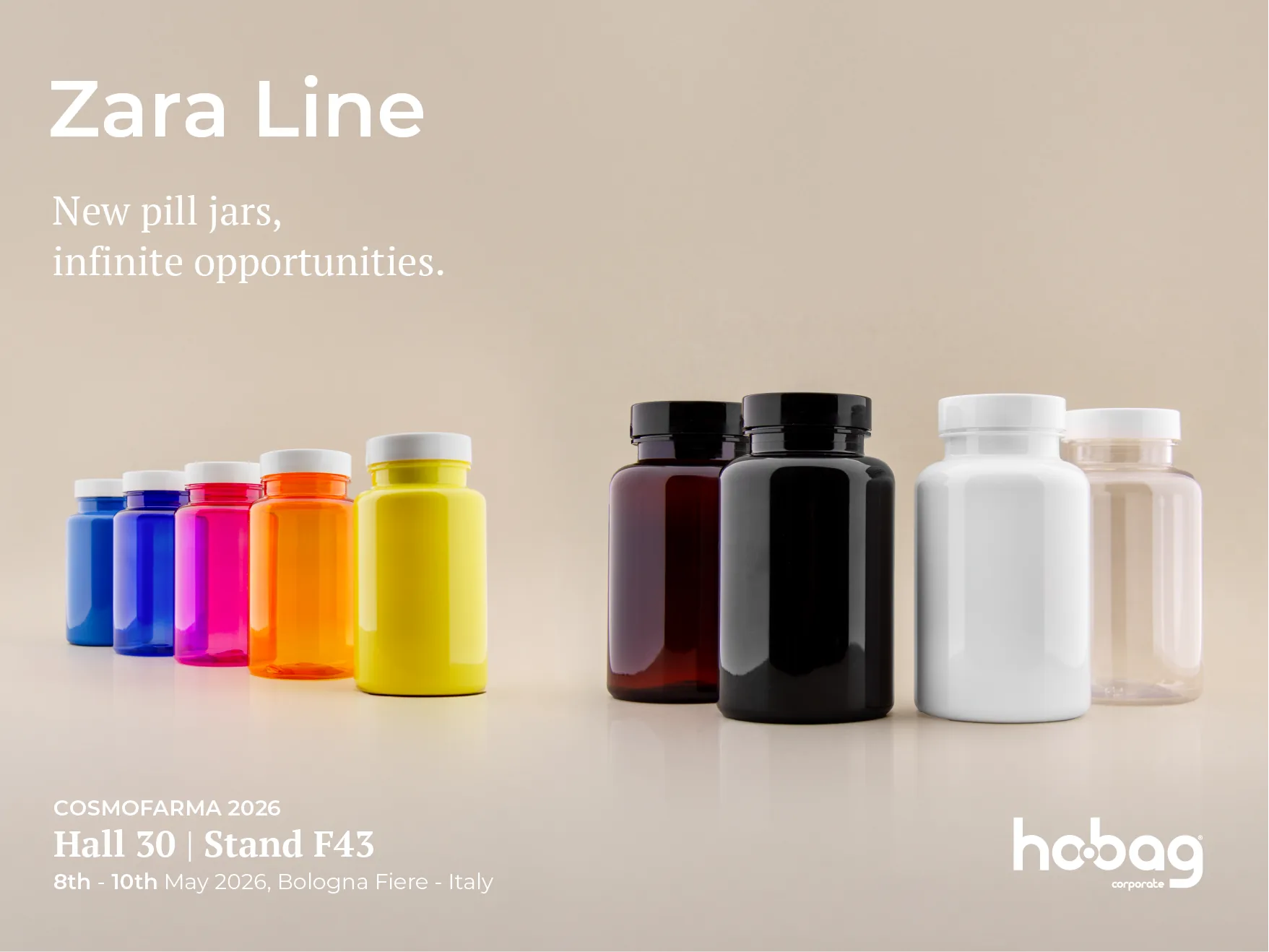 Ho.Bag Corporate at Cosmofarma 2026: Zara Line, new pill jars – Hall 30, Stand F43, 8–10 May 2026, BolognaFiere